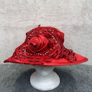 Mr. Hi's Classic Hat Sun‎ Womens OS Red Derby Satin Wide Brim Ruffle Rhinestone